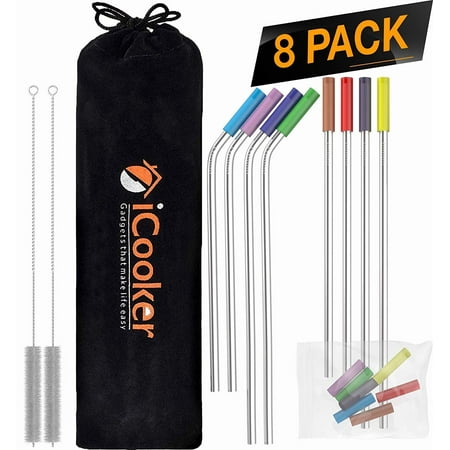 - 8 Pack Reusable Stainless Steel Straws Ultra Long 10.5 Inch Small 8.5 inch Drinking Metal Straw For Tumblers Rumblers Cold Beverage - (4 Straight - 4 Bent - 2 Cleaning Brushes)