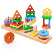 LotFancy Wooden Sorting Stacking Montessori Toys, Baby Shape Sorter and Color Stacker for Infant