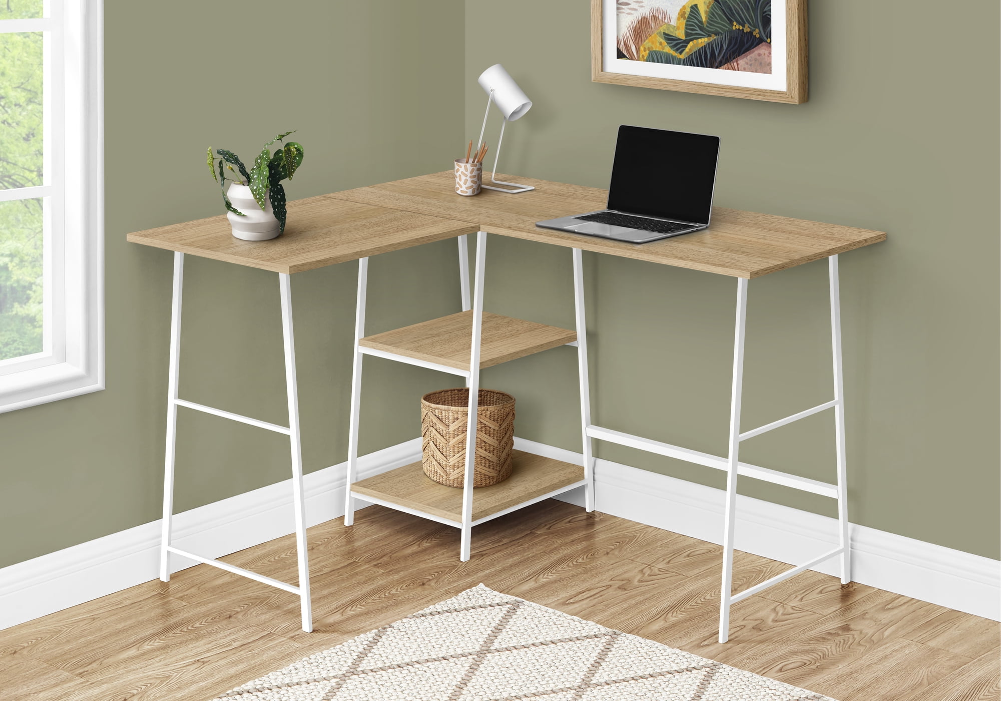 48 Inch Natural Wood Look L Shaped Computer Desk with White Metal Shelves