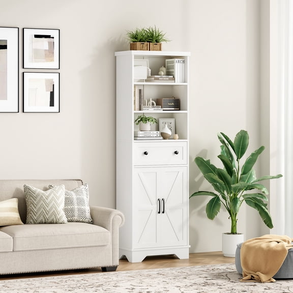 Someet Modern 71" Tall Bookcases with 2 Doors and 1 Large Drawers, 3 Tier Open Shelf Wooden Storage Bookshelf for Living Room Office, White