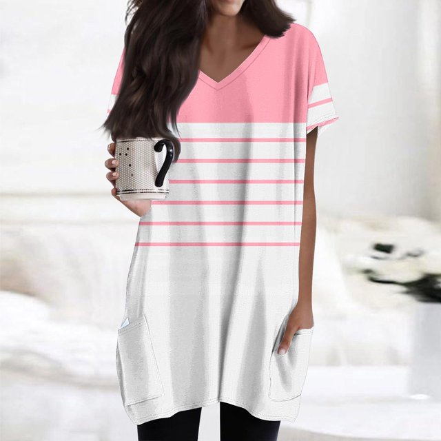 Chemise pour Femmes Grande Taille Manches Courtes Rayée Col en V Imprimé Double Poche Chandail T-shirt Rose TTG