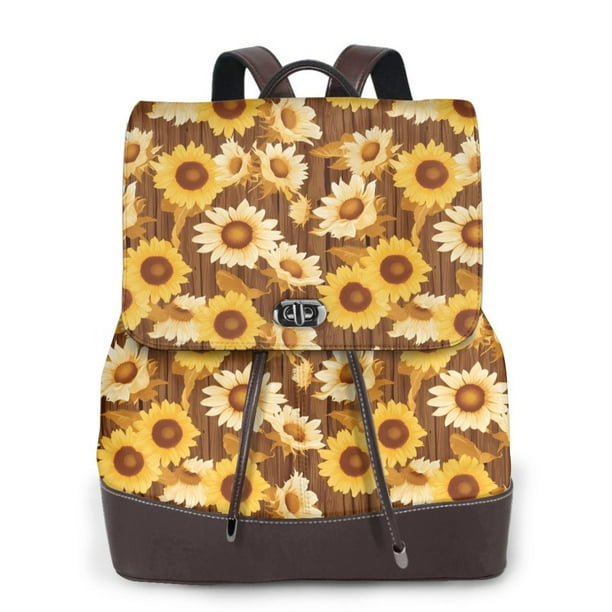 Disketp Vintage Wood Grain Sunflower B Mochila de Cuero para Mujer, Bolso de Espalda Antirrobo con Estilo para Viaje, Trabajo y Uso Diario