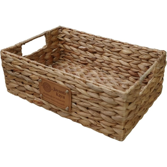 JAVANTI KAYU - Handmade Water Hyacinth Wicker Storage Basket with Handles – Rectangle Organizer Bin for Shelves, Blanket, Bathroom, Closet – Stackable – Decorative & Durable (1, S: 12" x 8" x 4")