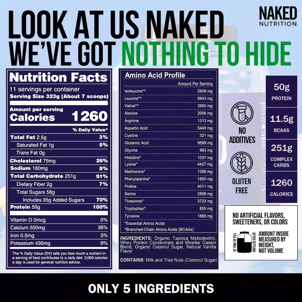 NAKED Vanilla Mass - All Natural Vanilla Weight Gainer Protein Powder - 8lb Bulk, GMO Free, Gluten Free & Soy Free, No Artificial Ingredients - 1,260 Calories - 11 Servings