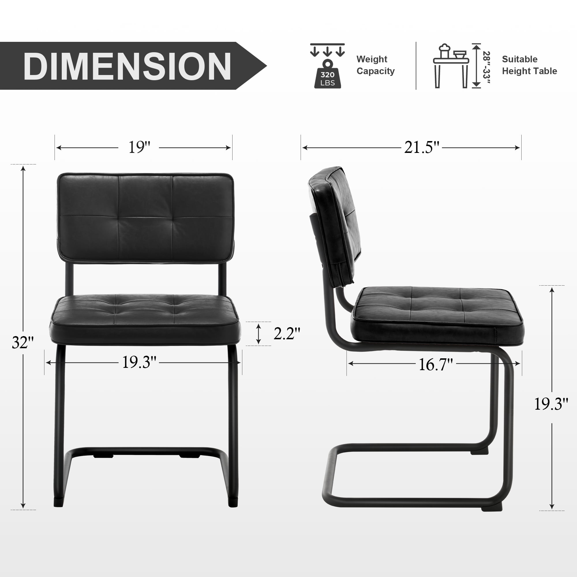 ONEVOG 19.3'' Mid-Century Modern Dining Chairs Set of 2, Faux Leather Cantilever Kitchen Chairs with Matt Black Legs for Kitchen Dining room, Black