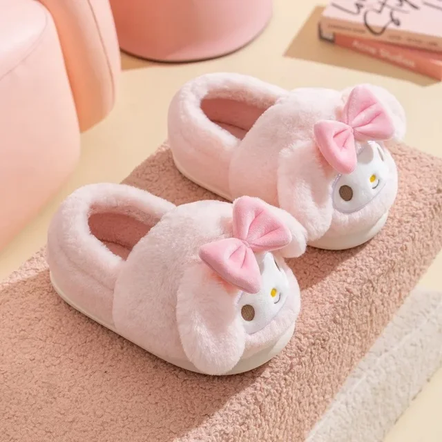 Zapatillas de algodón para niños Sanrio Kuromi, dibujos animados Kawaii Cinnamoroll Hello Kitty, lindas zapatillas de invierno para niñas con suela gruesa y cálidas para el hogar, regalos