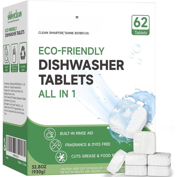 Dishwasher Detergent Tablets with Built-in Rinse Aid | -in-1 -Based Pods | & Dye Free | & Phosphate-Free | Biodegradable & No Unwrapping Needed | 62 Count