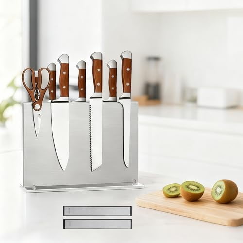 Magnetic Knife Block with Sharpener, Double-Sided Stainless Steel Magnetic Knife Holder with Suction Base, Kitchen Counter Knife Holder Stand, No-Drill Installation$$Home Decor, Kitchen, & Other