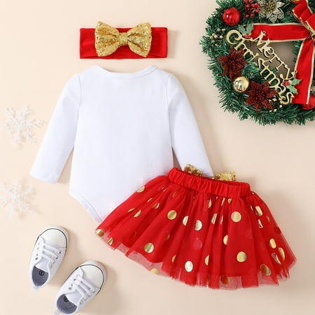 

kpoplk First Christmas Baby Girl Outfit Infant Girls Long Sleeve Christmas Letter Printed Christmas Outfits For Baby Girls(Red)