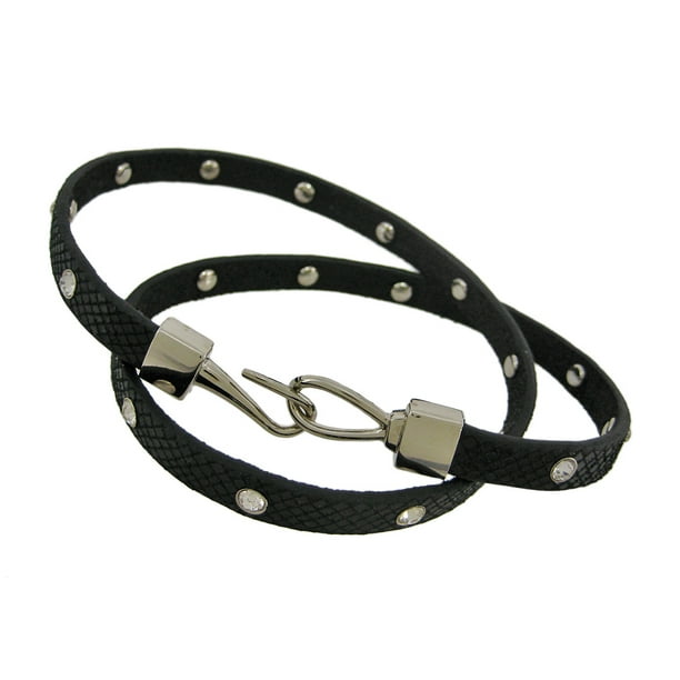 Bracelet en Cuir Noir Python Triple Wrap Strass