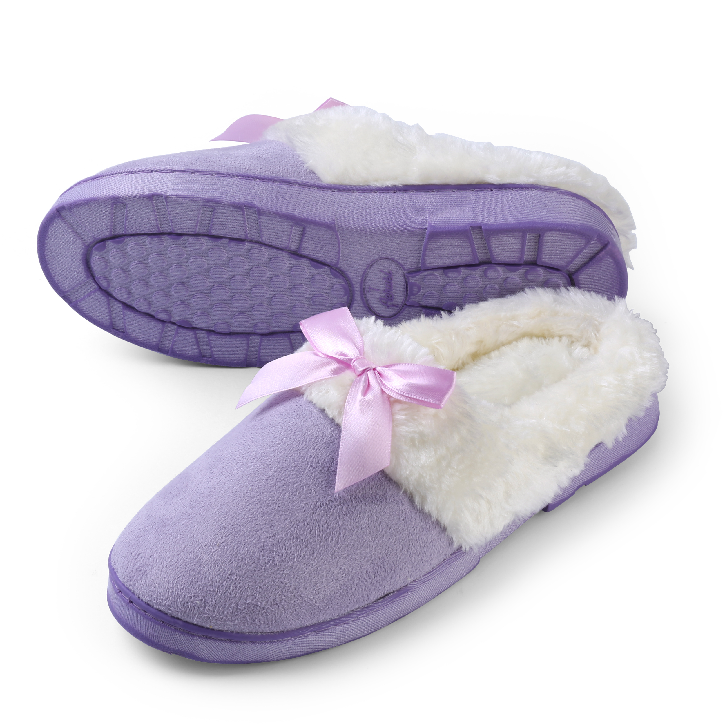 Women’s Soft & Cozy Memory Foam Plush Slippers with Ribbon Bow and Non-Slip Rubber Sole – Indoor Outdoor Spa House Shoes
