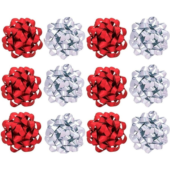 PMU Decorative Confetti Gift Bows 4-1/4 Inch Large Glitter Red & Silver Assortment (12/Pkg) Pkg/1