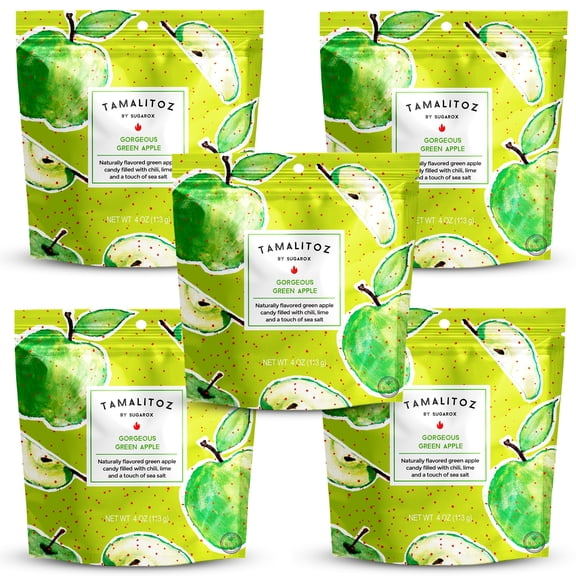 Tamalitoz Green Apple – Spicy Green Apple Mexican Hard Candy Filled with Chile, Lime & Sea Salt – Handcrafted Mexican Fruit Candy, Gluten-Free, Kosher, No Artificial Colors, 5 Bags – 4oz Each