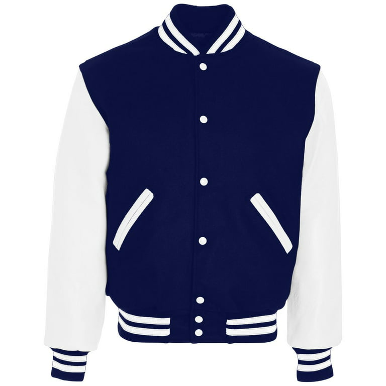 Navy Blue Faux Leather Sleeves White Wool Varsity Jacket