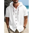 thumbnail image 1 of QUTETN Men's Lightweight Linen Hooded Shirt - Casual Button- Short Sleeve with Drawstrings for Beach, Vacation & Streetwear, Black, Beach Clothes, 1 of 4