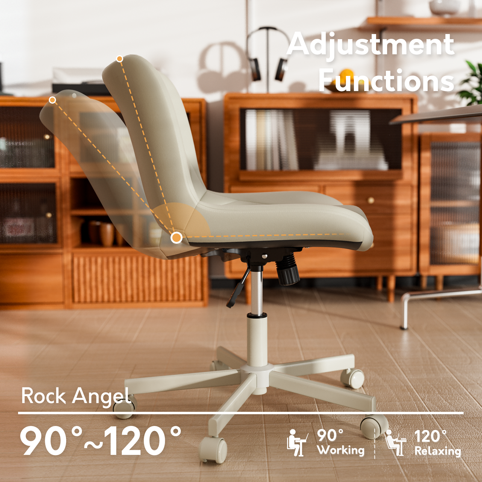 HomeZeer Space Saving Armless Office Chair with Wheels, Adjustable Height PU Leather Swivel Computer Task Chair, Soft Padded Mid Back Vanity Chair Design for Home Office & Small Spaces, Beige