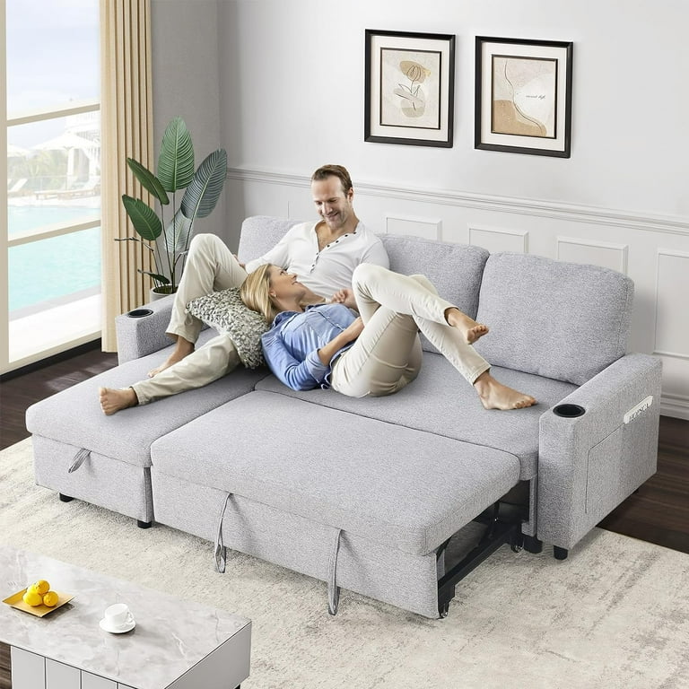 Tabaray Reversible Sectional Sofa Couch with Pull Out Bed Modern Linen L Shaped Sleeper Sofa Bed with Storage Chaise Cup Holder Side Pocket Furniture Set for Living Room Small Space Light Grey Walmart...