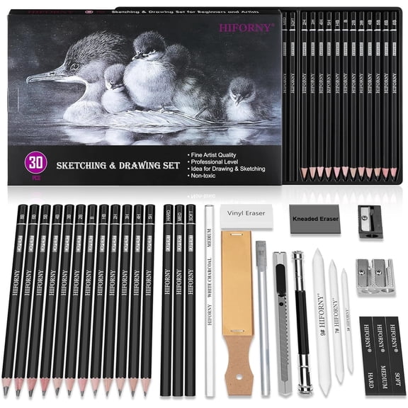 HIFORNY 30 PCS Sketching Drawing Pencil Set,Sketch Pencils Art Supplies with Graphite,Charcoal,Blending Tools,Accessories,Drawing Kit for Adults Artists