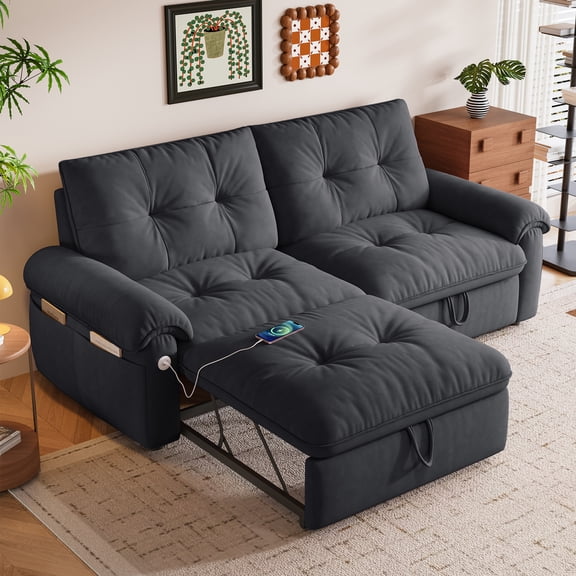 Noble House 77" Modern Velvet Convertible Sofa Bed, Pull Out Loveseat with Adjustable Backrest & USB Ports, Gray