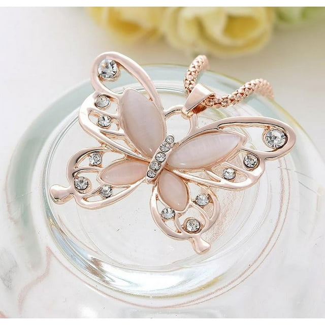 Fiudx Collar de Oro Rosa, Elegante Colgante de Mariposa de Ópalo, Elegante Cadena para Suéter, Accesorio de Moda Único, Ideal para Fiestas, Banquetes y Bodas, Regalo para Seres Queridos, Aleación de