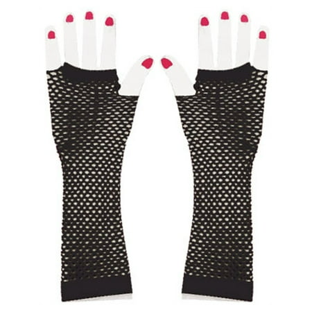 Black Fishnet Glove - Adults Black Glam Rock Fishnet Fingerless Costume Long Gloves