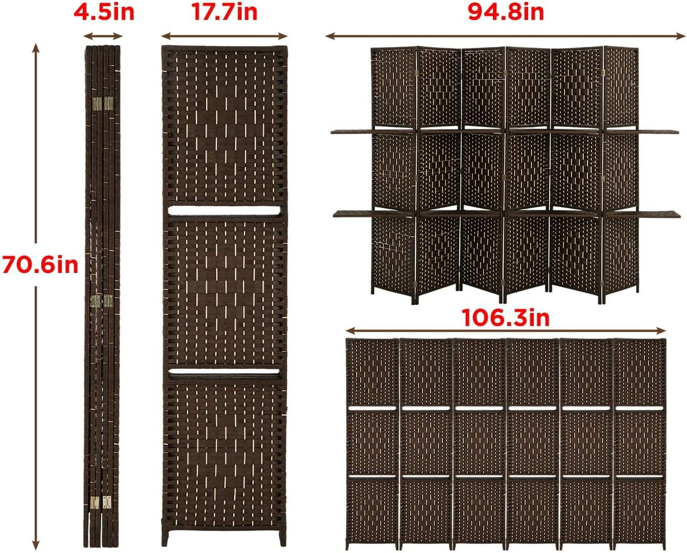 Dkelincs 6 Panel Wood Room Dividers Portable Folding Privacy Screen with Removable Storage Shelves, Brown