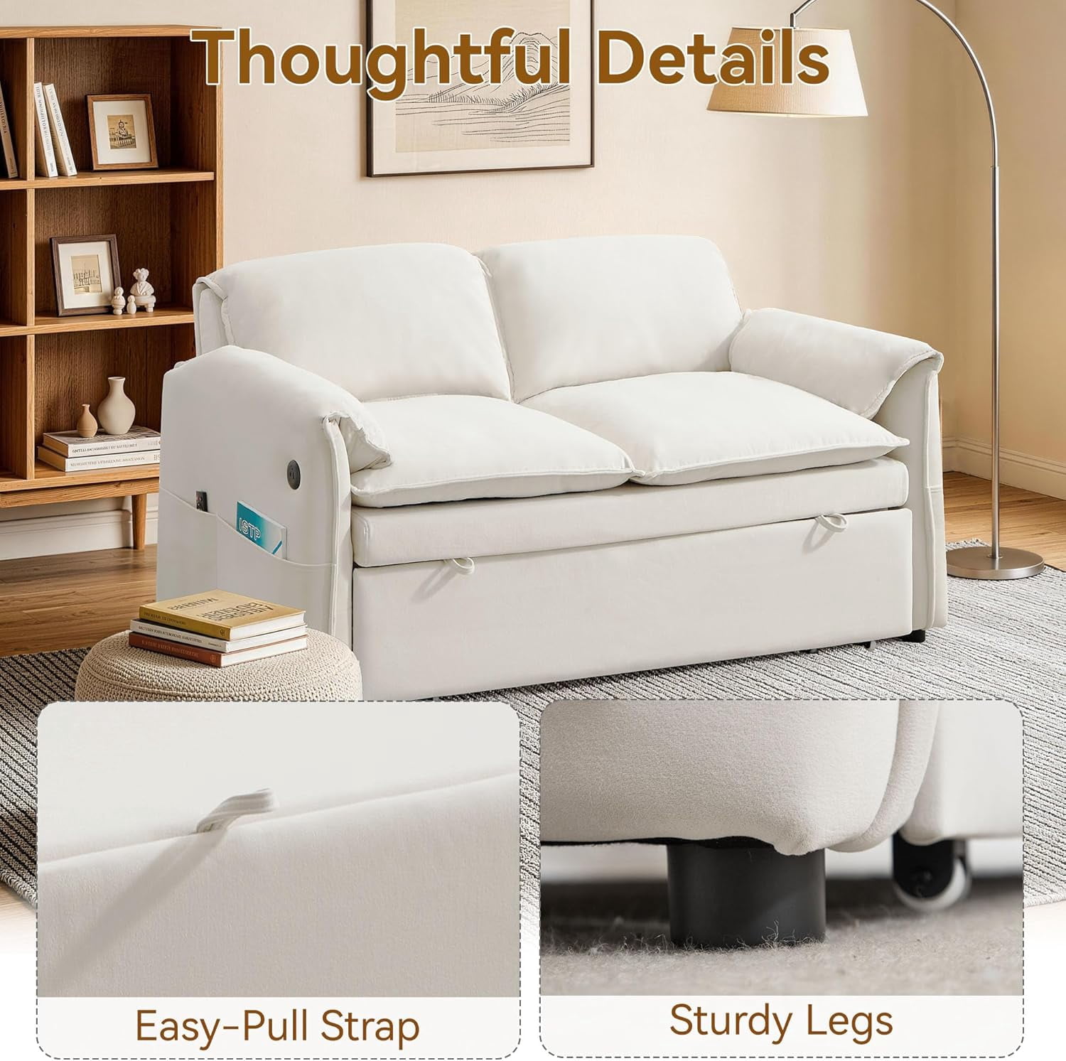 63" Velvet Pull Out Couch, 3-in-1 Convertible Sleeper Sofa Bed with Adjustable Backrest, USB Charging Ports, Side Pockets, Modern Loveseat for Living Room, Bedroom, Apartment, Beige