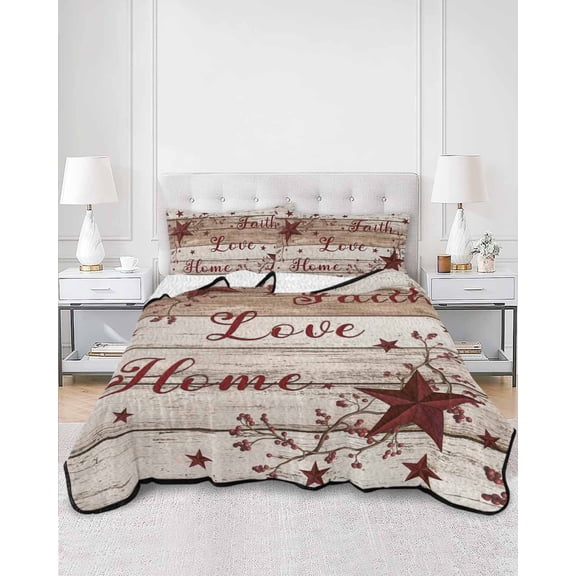 Quilts Full Size, Vintage Farmhouse Soft Comforter Bedding Set for Bed, Brown Country Star Berries Wooden Grain Lightweight Quilted Bedspread with Pillow Cover(2 Pieces) for All Season, 78x90 Inch