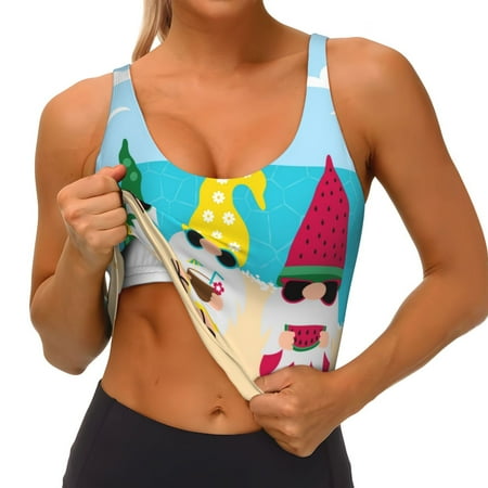 Qokaie Gnomes On The Beach Pattern Womens Scoop Neck Sports Bra Breathable Workout Vest Padded U Back Medium Impact Fitness Gym Yoga Bra Workout Crop Top