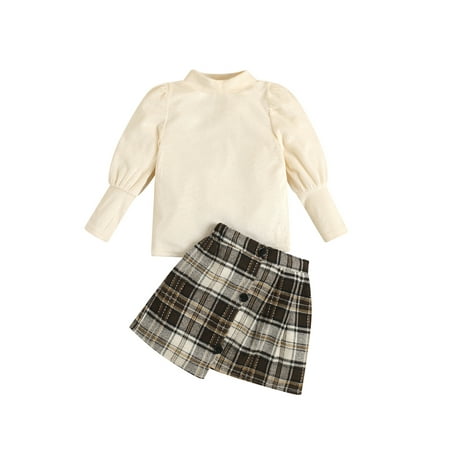 

Kiapeise Toddler Baby Girls Puff Sleeve Knitted Sweater Pullover Tops + Plaid Irregular Hem A-Line Skirt Outfits