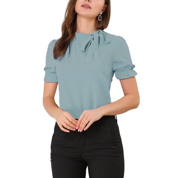 INSPIRE CHIC Women's Summer Tops Solid Color Bow Tie Neck Short Sleeves Wear-to-Work Blouses Mint Blue XL