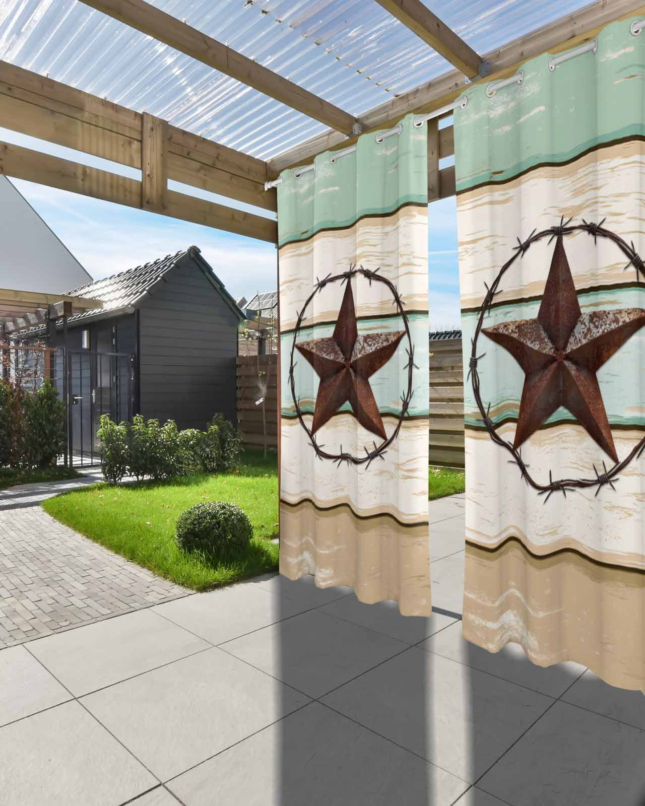 nqOlkjepod Outdoor Curtains for Patio Waterproof, Beige Sage Green Texas Star Outdoor Privacy Panels Grommet, Vintage Stars Wooden Blackout Outside Curtains for Porch/Cabana/Pergola 54"x84", 1 Panel