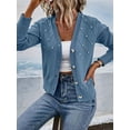 thumbnail image 6 of Women'S Pearl Trimmed Button Up Cardigan, Fashionable and Versatile Knitted V-Neck Long Sleeved Sweater Blue XL, 6 of 8