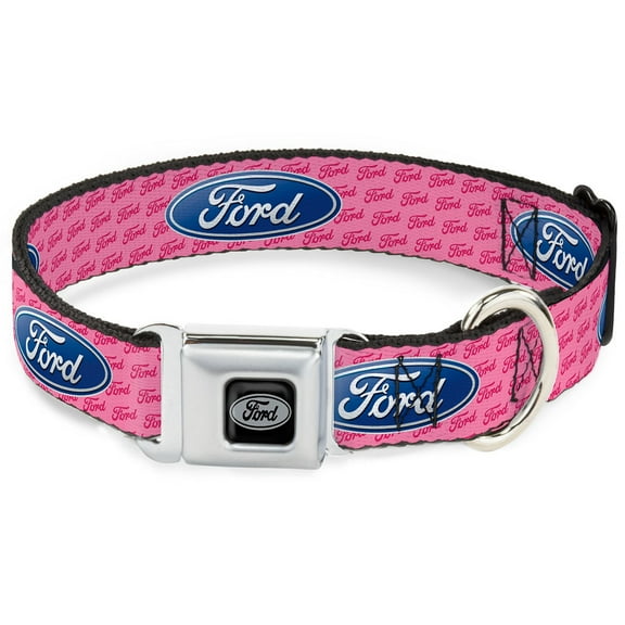 Ford Pet Collar, Dog Collar Metal Seatbelt Buckle, Ford Oval Text Pink Repeat, 9.5 to 13 Inches 1.0 Inch Wide