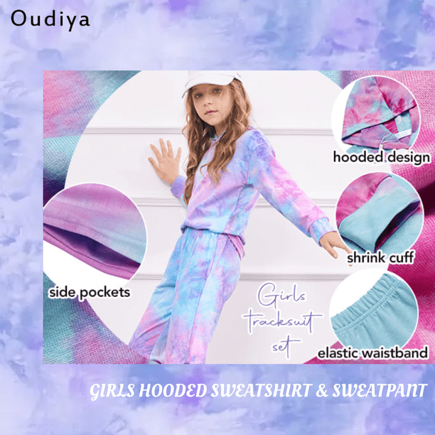 Girls Tie Dye Tracksuit Set - Hooded Zip Up Hoodie & Jogger Pants, Sizes 5-13 Years