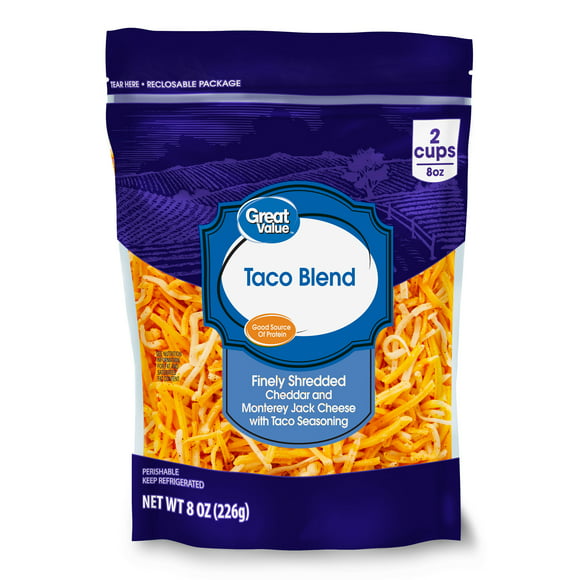 Great Value Finely Shredded Taco Blend Cheese, 8 oz (Plastic Bag)