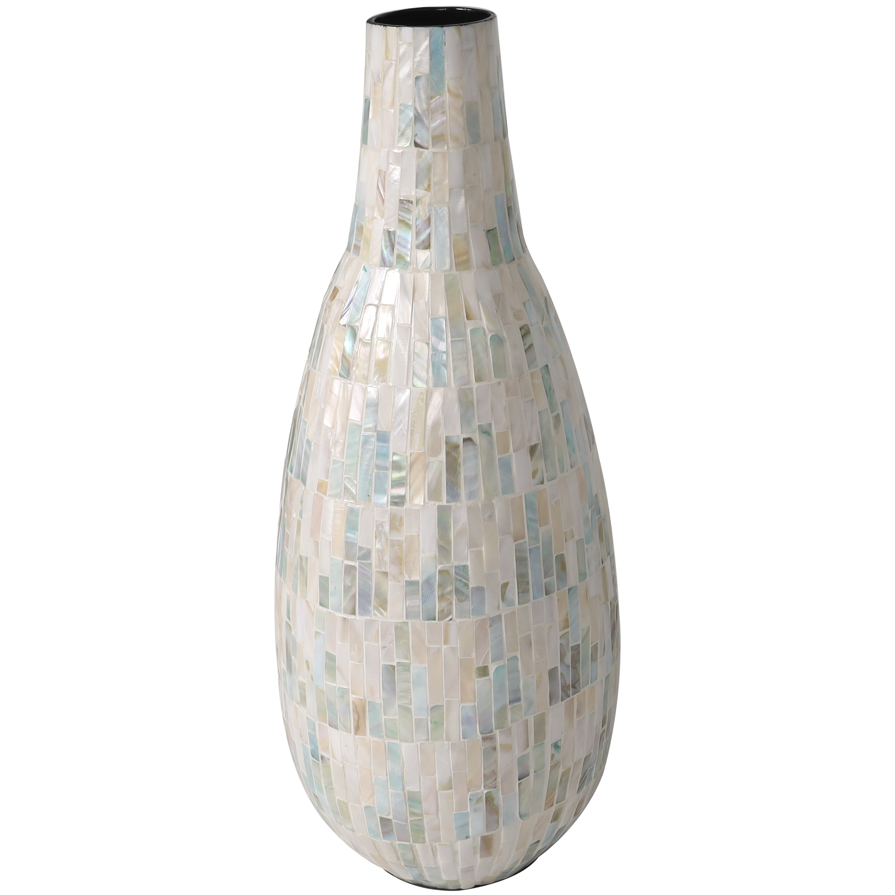 DecMode 21" Handmade Mosaic Inspired White Mother of Pearl Vase with Pastel Blue and Pink Accents