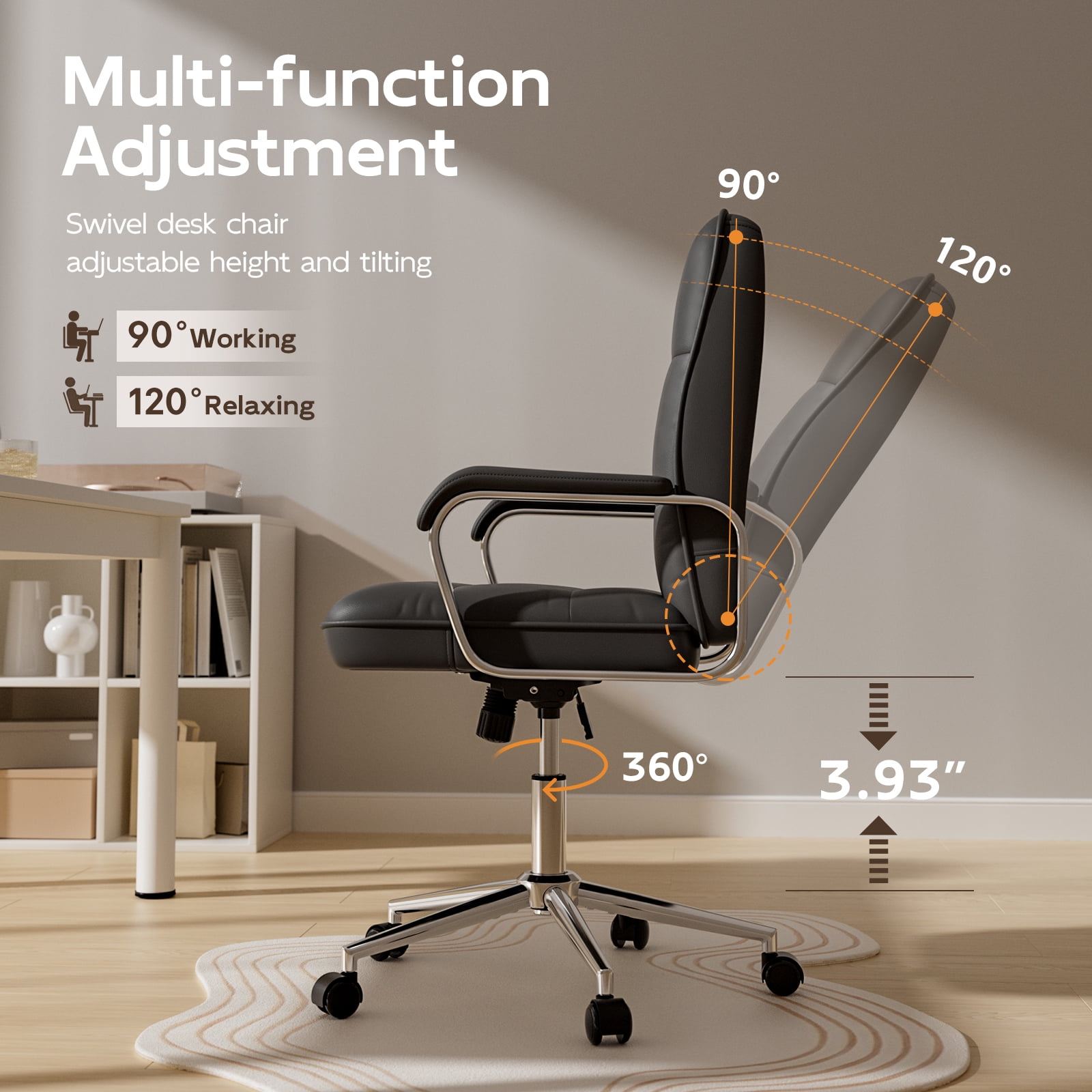 Ninecer Ergonomic Office Chair with Wheels, 360° Swivel Desk Chair with Rocking Function, PU Leather Computer Chair for Home Office, Study,, Beige