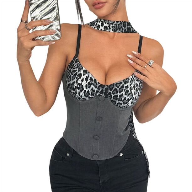 Top Corto con Cuello Halter y Estampado de Leopardo en Contraste para Mujer, Escote en V Profundo, de Botones, Sin Mangas y Espalda Abierta Gris M