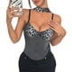 thumbnail image 1 of Top Corto con Cuello Halter y Estampado de Leopardo en Contraste para Mujer, Escote en V Profundo, de Botones, Sin Mangas y Espalda Abierta Gris M, 1 of 10