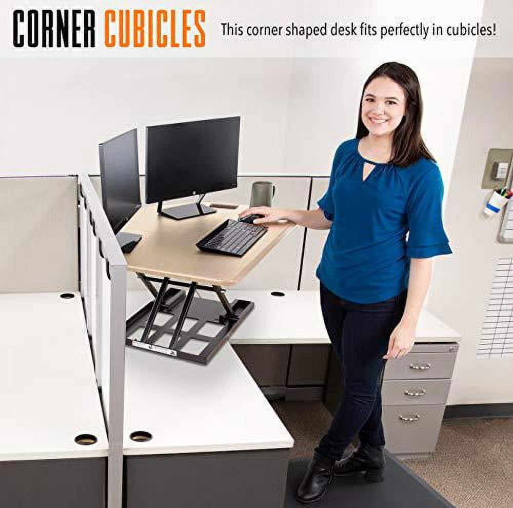 stand steady x-elite pro corner standing desk | 40 inch corner sit to stand desk converter ideal for cubicles and l shaped desks! easy height-adjustable and fully assembled! (maple)