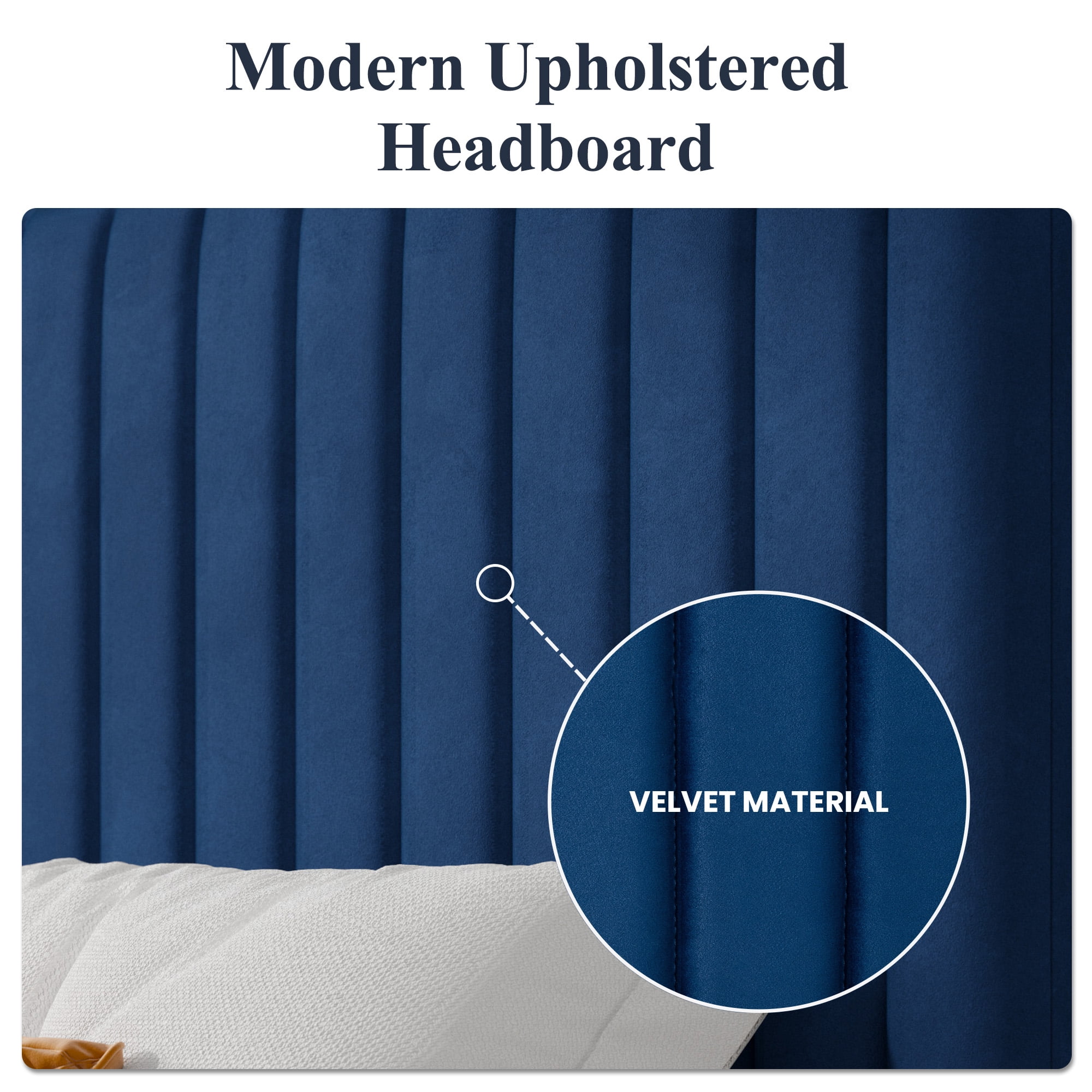 Allewie Queen Size Velvet Upholstered Platform Bed Frame with Adjustable Vertical Channel Tufted Headboard, Navy Blue