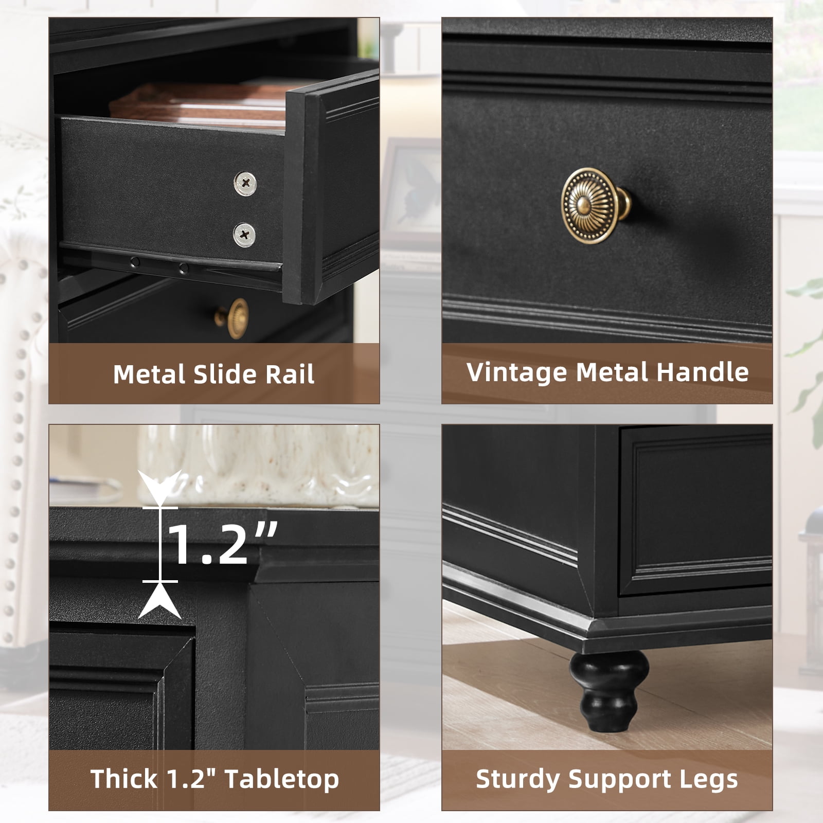 Joaxswe Farmhouse Night Stand, End Table with 3 Drawers & Metal Handle, Black Dresser for Bedroom, Bed Side Table Chest of Drawers Cabine for Living Room,Closet