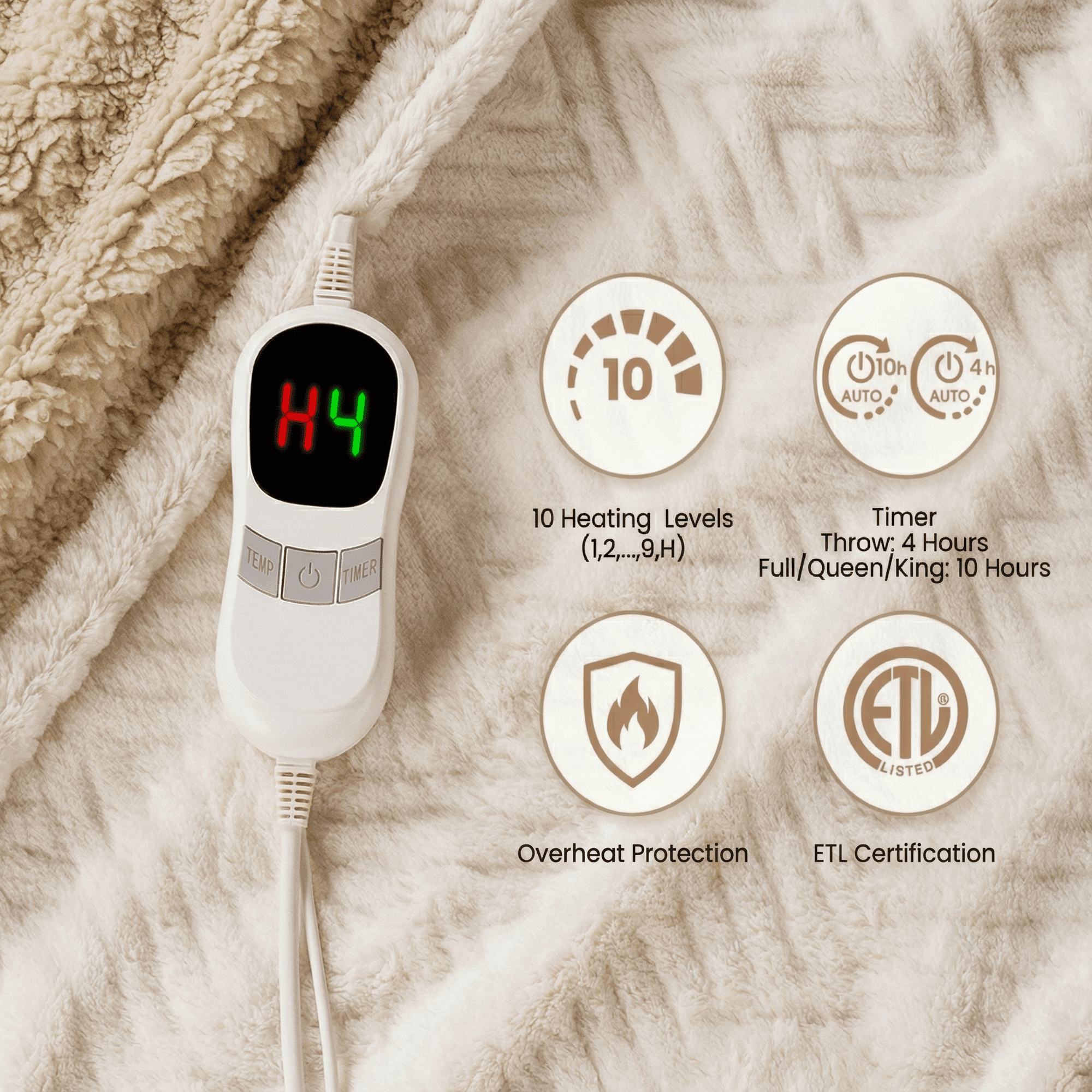 MARNUR Heated Blanket Extra-Large Electric Throw, White Jacquard Faux Fur and Sherpa, Machine Washable Heated Throw Blanket, 4H Timer & 10 Heat Levels, for Home, Sofa, Office, 50"x 72"