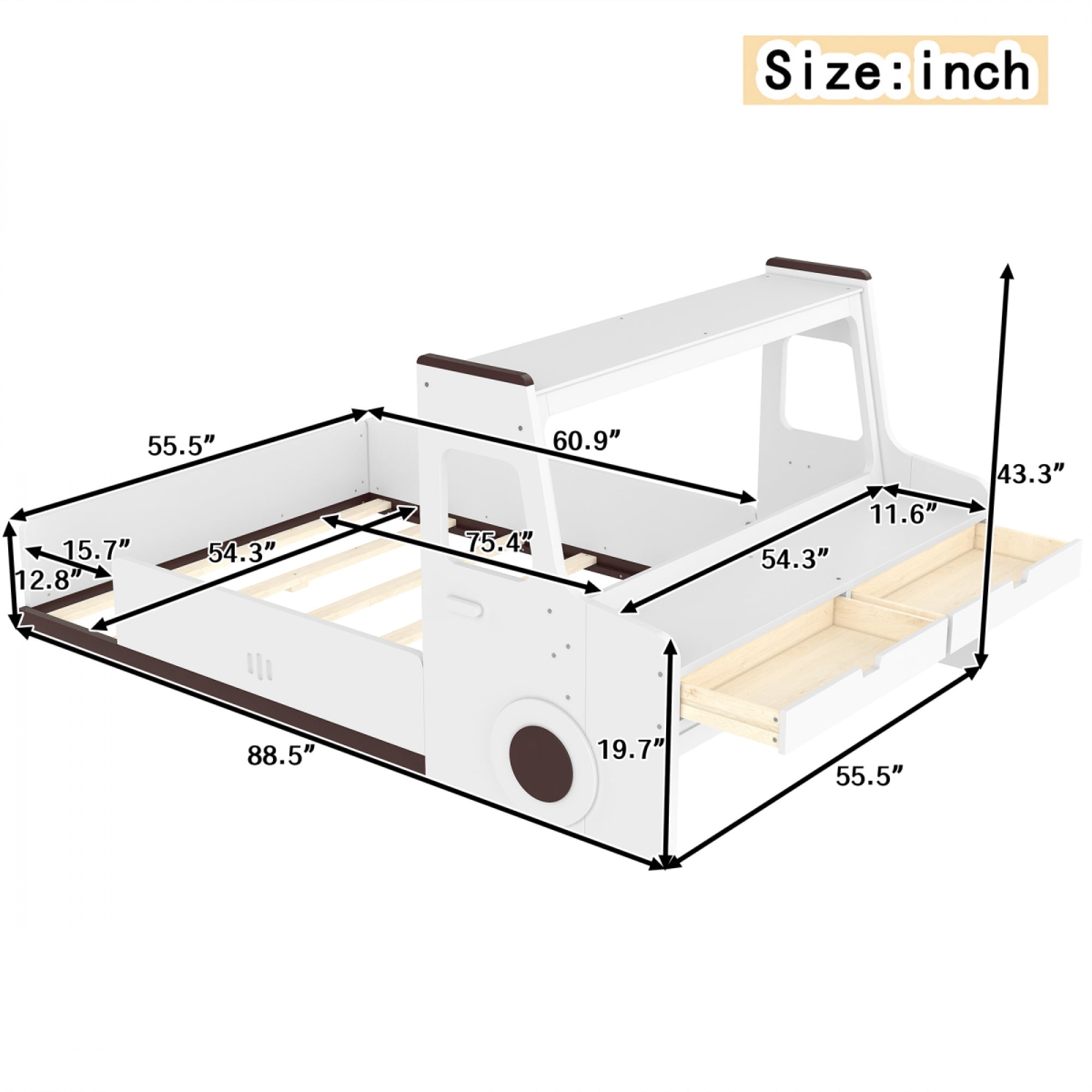 Full Size Car-Shaped Floor Bed - with Storage Drawers, Window & Desk for Bedroom,Light White