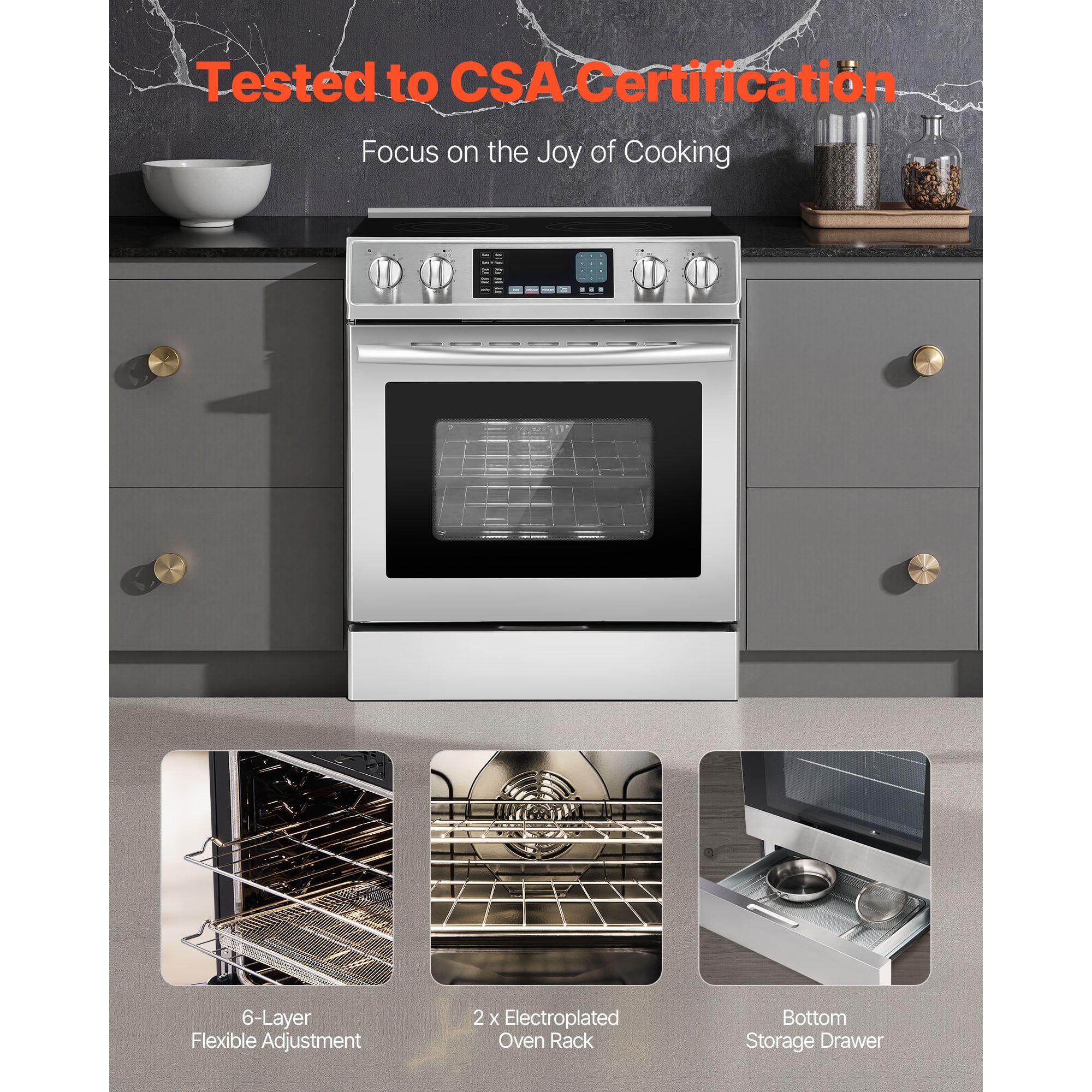 KFFKFF 30-Inch Electric Range Oven, 4.8 Cu. Ft. Freestanding Oven, Stainless Steel Kitchen Stove with 5 Cooking Zones, Timer, Self-Cleaning, Adjustable Racks, and Storage Drawer