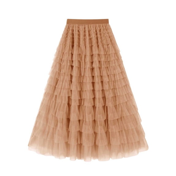 Womens Layered Mesh Skirt Elastic Waist Ruffle Tiered Tulles Midi Skirts Khaki XXL