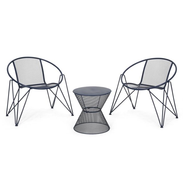 Noble House Erikson 3 Piece Outdoor Iron Conversation Set in Matte Navy Blue