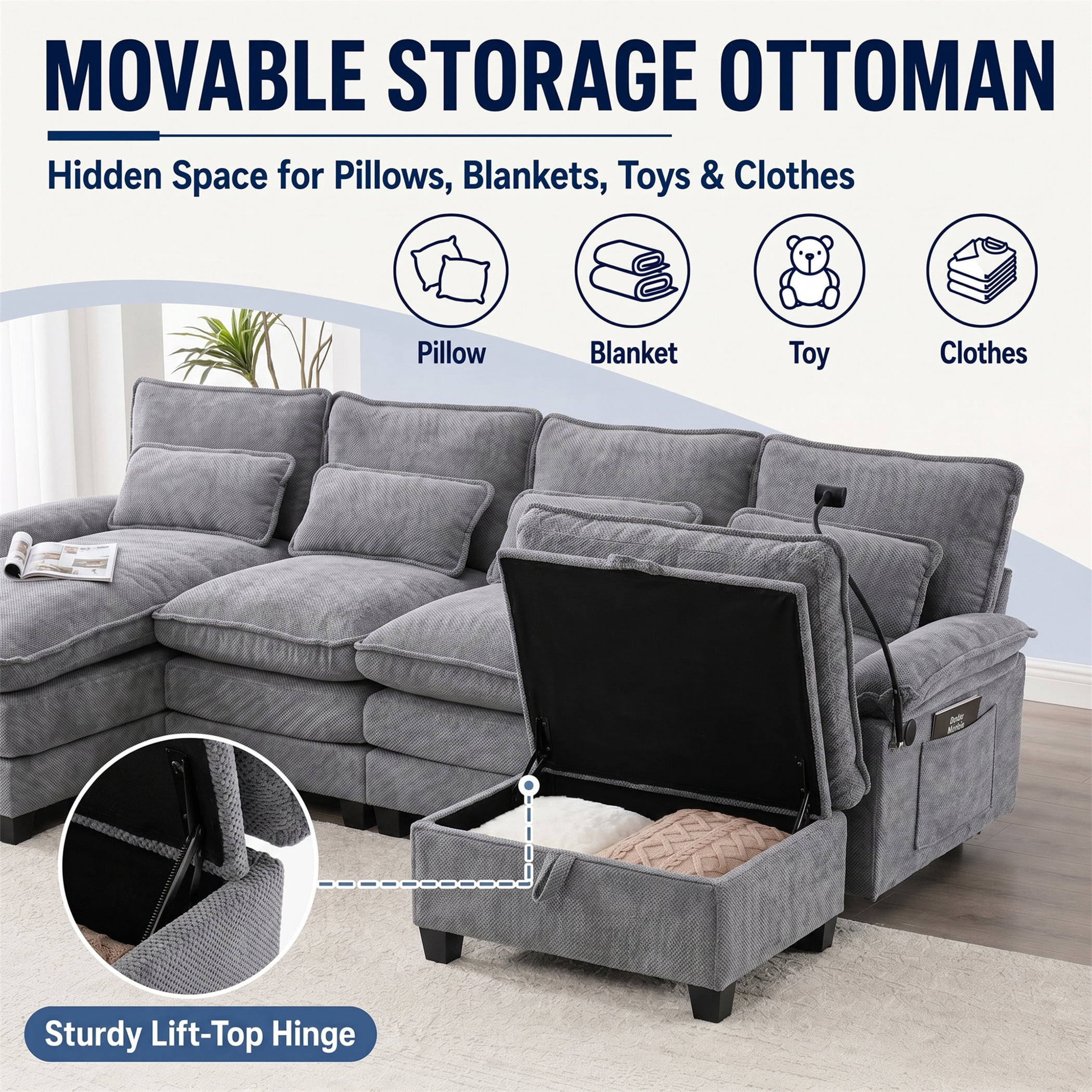 Aukfa 106" Sectional Sofa Deep Seat U shape Couch for Living Room, USB&Type-C Ports, 4 Lumbar Pillows, Storage Ottoman, Overstuffed Chenille, Gray