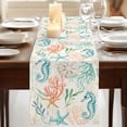 thumbnail image 3 of Teal Red Coastal Table Runner, Nautical Seahorse Beach Coral Starfish Retro Cotton Linen Table Runners 120 Inches Long, Dresser Scarf Runner for Dining/Living Room/Kitchen/Square Tables 13''x120'', 3 of 9